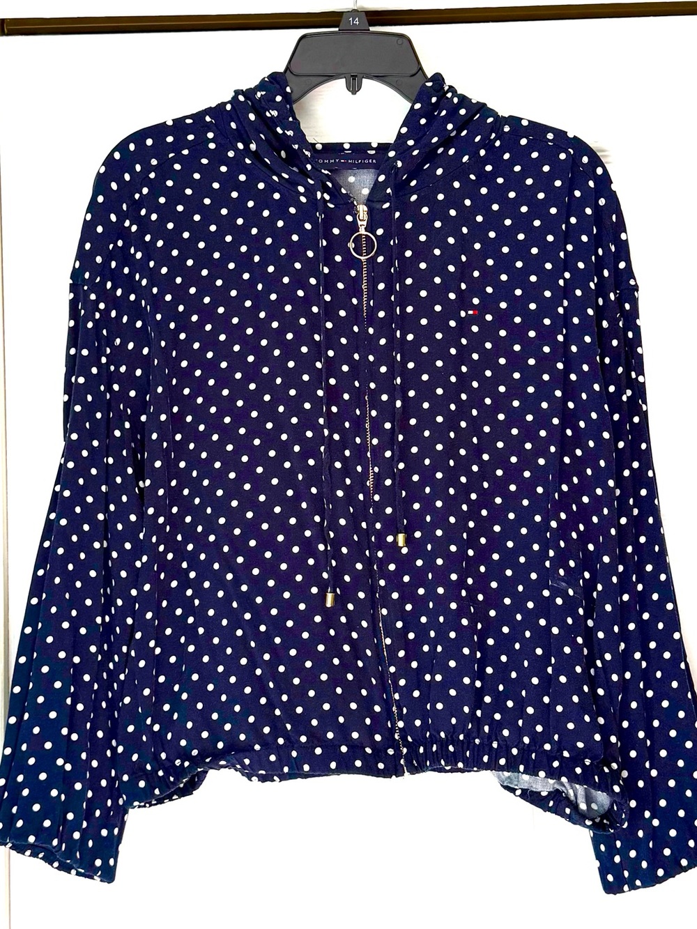 Tommy Hilfiger navy blue Polka Dot Long Sleeve cover up with hood .  Lightweight